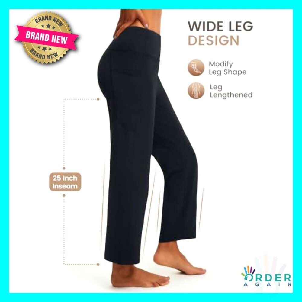Wide Leg Yoga Pants High Waist Ankle Length Stretchy Casual Travel with Pockets - Picture 6 of 7